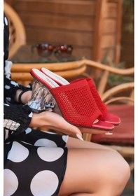 Resim Biçomi Akva Kırmızı Triko Şeffaf Topuklu Terlik Çok Renkli 