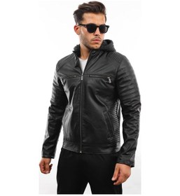 Resim Erkek Siyah Dar Kesim Kapüşonlu Deri Ceket Siyah 