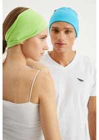 Resim 2'li Çift Taraflı Kullanım Alternatifli Pamuklu Penye, Kaymaz, Hafif, Spor Saç Bandı Bandana - Tek Ebat / Yeşil-aqua Yeşil-aqua 