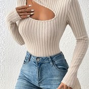 Resim Bahar ve Sonbahar için Rahat Örme Uzun Kollu T-shirt, Kırpılmış Tavşan Yaka Üst, Kadın Giyim 