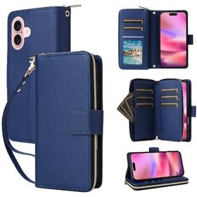 Resim İphone Uyumlu 17 İçin Cüzdan Kılıf Pu Deri Mıknatıslı Kapanış Fermuarlı Cep 9 Kartlık Bileklik 