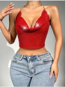 Resim Hazego Parlak Kırmızı Crop & Bluz Kolsuz Kayık Yaka Zırh Büstiyer Std 