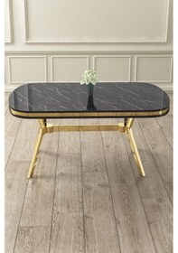 Resim Canisa Olya Serisi 90x168 Lak Panel Sonata Masa Takımı Gold Ayaklı 6 Gri Sandalye Sonata Masa Gri Sandalye 