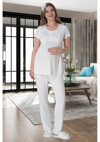Resim Mecit Pijama Mecit 6000 Ekru Dantel Sabahlıklı Lohusa Pijama Takımı 