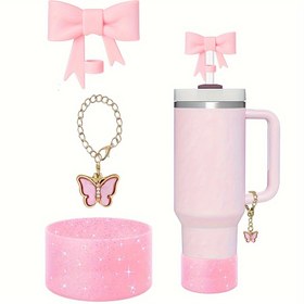 Resim 3 adet Aksesuar İçerir, 1 adet 1.0Cm Yay Kravat Hasır Üst Kapak, 1 adet Elmas Kelebek Şanslı Zincir 1 adet Parıltılı Silikon Bot 40Oz 30Oz Termos Ev Dışarı için 