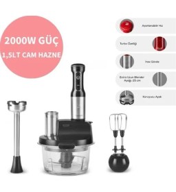 Resim Karaca 1,5 Lt Cam Hazneli Inox Gövde Premium 2000W Turbo , 4 Kanatlı Çelik Bıçak Mutfak Robotu & Blender Seti 