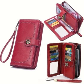 Resim RFID Kadın Cüzdanı - Çoklu kart yuvaları, fermuar kapatma ve bilek kayışı ile büyük kapasiteli clutch, şık yağ-mum kaplama 