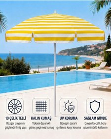 Resim Durul Plaj Şemsiyesi Balkon Bahçe Güneş Şemsiyesi 200cm 10 Telli UV Korumalı - Sarı Çizgili 