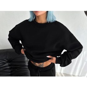 Resim Tua Moda Kışlık Bisiklet Yaka Üç İplik Basic Sweatshirt - Siyah Siyah 