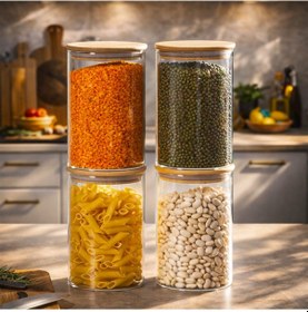 Resim Porsima 416 4lü 950 Ml Bambu Vakumlu Kapaklı Cam Kavanoz Seti Saklama Kabı 10x15cm Şeffaf 