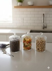 Resim Qerhome 3'lü Borosilikat Cam Optik Çizgili Papatya Kavanoz Seti 500 Ml Şeffaf 