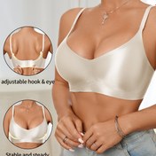 Resim Kadınlar İçin Tam Kapsama Sütyen - Telsiz Yumuşak Naylon-Spandex Karışımı, Çapraz Askılı İğne ve Göz Kapatma, Sabit Pedlerle Ayarlanabilir Bağlantısız/Omuz Açık Dikişsiz Saten Bitişli Her Gün İçin Hassas Bej (Tel Olmadan) 