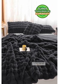 Resim Evlen Home Kürk Yatak Örtüsü Çift Kişilik Dolgulu Peluş Yumuşak Çift Taraflı Yorgan 3 Parça Loria Antrasit Füme Antrasit 