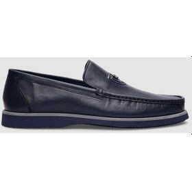 Resim Hakiki Deri Lacivert Logo Detaylı Erkek Günlük Ayakkabı-Lacivert 