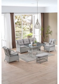 Resim Paris Rattan Puflu Bahçe Balkon Takımı 3+1+1 Cam Masalı Gri 