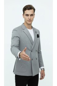 Resim Plus Scorpion Erkek Penye Kumaş Kruvaze Blazer Ceket - 4 Düğmeli Mono Yaka, Torba Cepli, Çift Yırtmaçlı Şık Tasarı 