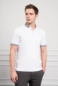 Resim Morven Erkek Beyaz Trend Merserize Düz Düğmeli Yaka Dynamic Fit T-Shirt 