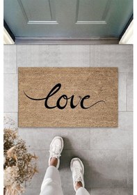 Resim Bej Kapı Önü Paspası Büyük Yazılı Love Desen K-3316 