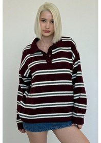 Resim Madmext Bordo Polo Yaka Çizgili Kadın Triko Kazak Mg2469 Bordo 
