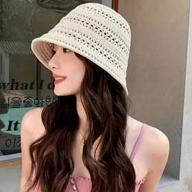 Resim Kadın Hafif Örgü Şapka - Geniş Kenar Güneş Şapkası, Nefes Alabilir, Rahat ve Çok Yönlü Yaz Stili, Açık Hava, Tatil Başlığı, Dekoratif Başlık, Dokuma 