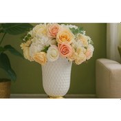 Resim Altın Kaideli Beyaz Dokulu Vazo Şeftali/krem Gül & Ortanca Yapay Aranjman 