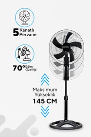 Resim KUMTEL KTF-395 Siyah 18 İnç Ayaklı Vantilatör 60 W, 5 Pervaneli, 3 Kademeli, 145 cm Yükseklik 