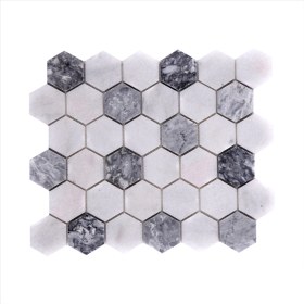 Resim Tuqco Doğaltaş Fileli 2" Hexagon Muğla Beyazı - Gümüş Honlu Mermer Mozaik 