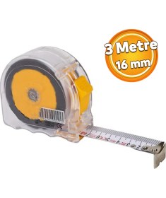 Resim Badem10 Şerit Metal Bükülebilir Metre 3 M x 16 mm Şeffaf Renk Düğmeli Ölçüm Ölçme Plastik Kasalı 