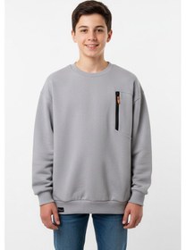 Resim Bisiklet Yaka Cep Fermuar Detaylı Erkek Çocuk Sweatshirt-90852 Gri 