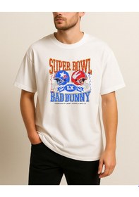 Resim Super Bowl Baskılı Bad Bunny T-shirt Beyaz 