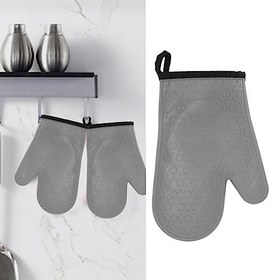 Resim Nikou Silikon Fırın Eldiveni Yüksek Sıcaklığa Dayanıklı Kaymaz Mutfak Pişirme Eldiveni Pamuklu Astarlı (Gri) 