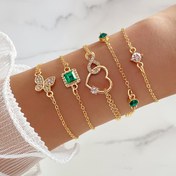 Resim 5 parça takım, Retro & Boho Tarzı, Altın Kalp/Kelebek Şekilli Tasarım Bilezik Seti, Parlak Yeşil/Beyaz Taşlarla Süslenmiş, Günlük Giyim ve Davetler İçin Moda Zarif Aksesuar 