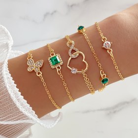Resim 5 parça takım, Retro & Boho Tarzı, Altın Kalp/Kelebek Şekilli Tasarım Bilezik Seti, Parlak Yeşil/Beyaz Taşlarla Süslenmiş, Günlük Giyim ve Davetler İçin Moda Zarif Aksesuar 
