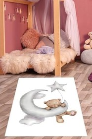 Resim Pelangi Ayda Sallanan Uyuyan Ayıcık Bulut Yıldız Yıkanabilir Kaymaz Taban Leke Tutmaz Çocuk Odası Halısık, Gri-Beyaz 60 x 120, 7642023601201 