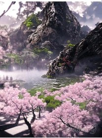 Resim Ten Japon Kiraz Çiçekleri Elmas Boyama Yeni Gelenler Şelale Tapınak Manzara Tam Taklidi Mozaik Çapraz Dikiş Kanvas Tablo 56920658 