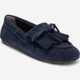 Resim Axelı Lacivert Süet Hakiki Deri Fiyonklu Saçaklı Kadın Loafer Ayakkabı Lacivert 