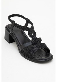 Resim Luvishoes Luvi Shoes Dolen Siyah Taşlı Hakiki Deri Kadın Kalın Topuklu Sandalet Siyah 