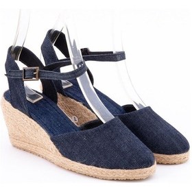 Resim Star Tombis Gerçek Elişi Topuğu Açık Bilekten Bantlı Dolgu Topuk Kot Mavi Keten Hasır Espadril Handmade Koyu Mavi 