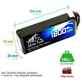 Resim Leopard Power 1800 Mah 11.1v 3s 25c Lityum Polimer Lipo Batarya Pil T Plug 