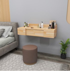 Resim WOODFACE Naturel Masif Ahşap Masif Aynalı Makyaj Masası Duvara Monte 2 Raflı Tuvalet Masası Amber 