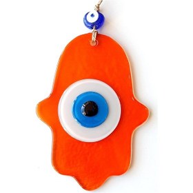 Resim Nazar Boncuklu Şeffaf Turuncu Fatma Ana Bereket Eli Cam Duvar Süsü 