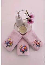 Resim 3'lü Çiçek Baskılı Bambu Havlu Takımı - Pembe El & Mutfak Havlusu Seti - Ekstra Yumuşak - 30x50 Cm Pembe 