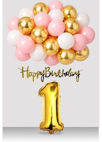 Resim 1 Yaş Retro Gold Pembe Beyaz Balon Happy Birthday Banner Gold Rakam Doğum Günü Süsü Çok Renkli 