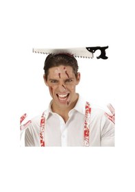 Resim Kafaya Saplanmış Halloween Kanlı Testere Şaka Tacı 