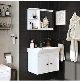 Resim Lavabolu Mat Suntalam 60 Cm Banyo Dolabı + Aynalı Üst Dlp Beyaz Mat Beyaz 