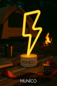 Resim Munico Dekoratif Neon Şimşek Masa Lambası - LED Işıklı, USB ve Pilli, Oyun Alanı ve Vitrin Dekoru İçin 