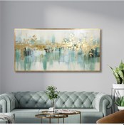 Resim Yağlı Boya Dokulu Tablo Yeşil Altın Soyut Şehir Manzarası Altın Çerçeveli U08039-179045 