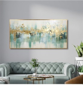 Resim Yağlı Boya Dokulu Tablo Yeşil Altın Soyut Şehir Manzarası Altın Çerçeveli U08039-179045 