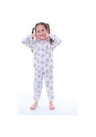 Resim %100 Pamuk Çiçek Desenli Uzun Kollu Kız Çocuk Pijama Takımı 3,4,5,6,7,8 Yaş Mavi 