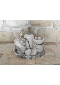 Resim Mermer Mor Leylak Gümüş Rengi Aksesuarlı 5,li Banyo Seti Beyaz 
